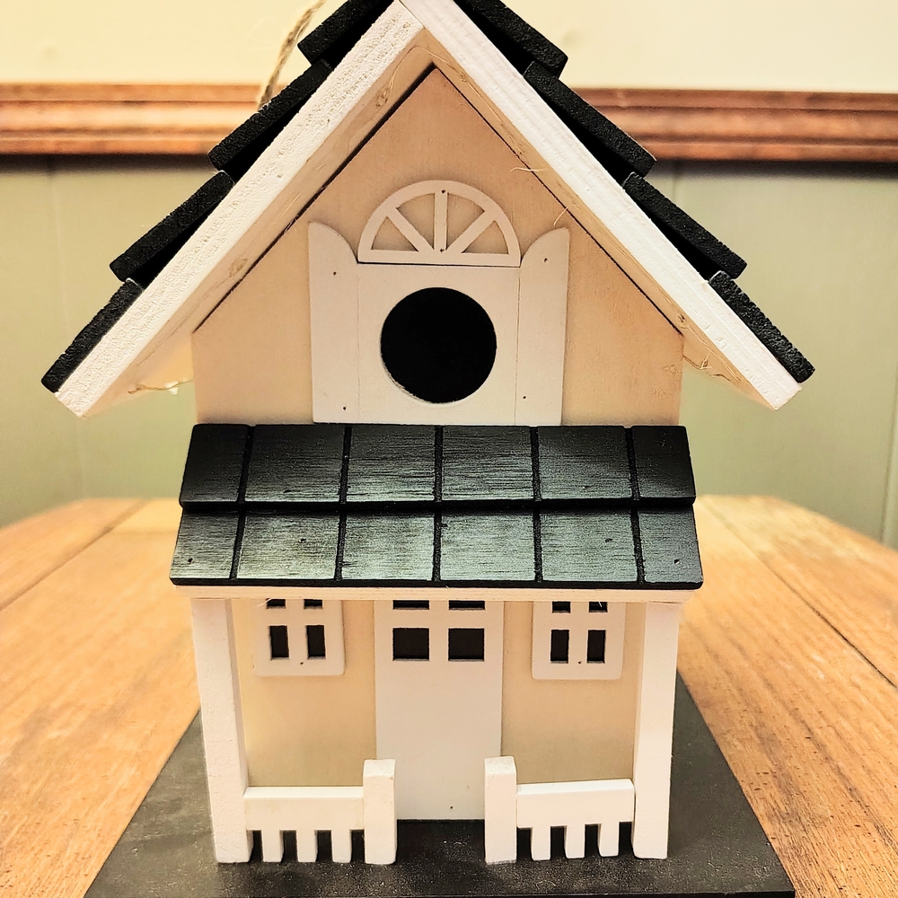 Charming Black and Cream Wood Birdhouse With solar Lights.